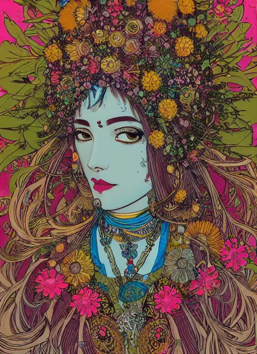 Prompt: beautiful flowerpunk indian cyborg portrait girl female illustration detailed patterns art of hindu traditional dress, flower pop art, floral splash painting, art by geof darrow, ashley wood, alphonse mucha, makoto shinkai