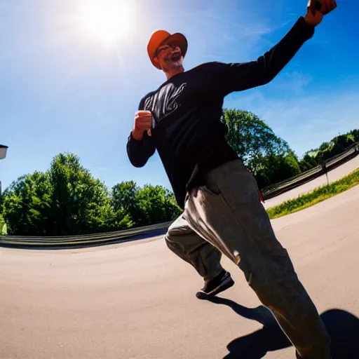 Image similar to large trucker running towards the camera with his arms out, sunny day, fisheye lens