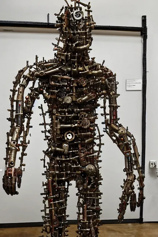 Image similar to an ironman full body sculpture made out of nut, bolts, screws, pipes, gears, and other spare parts