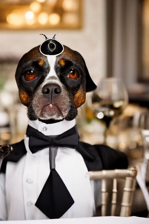 Image similar to a dog - headed waiter at the reception of a fancy restaurant