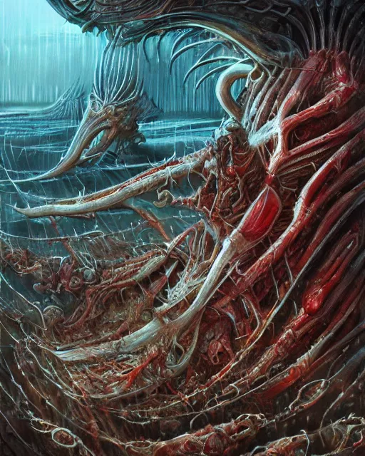 Image similar to bloody fleshmetal hamburger, by antonio j. manzanedo, giger, alex grey, android jones, wayne barlowe, philippe druillet, raymond swanland, cyril rolando, josephine wall, harumi hironaka, trending on artstation