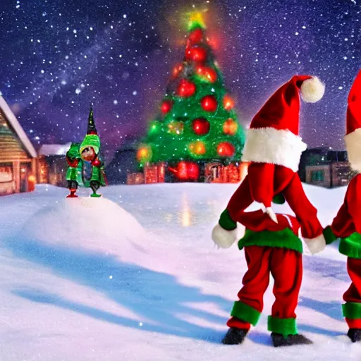 Prompt: angry christmas elves, north pole, buildings on fire in background, high detail, 8 k,