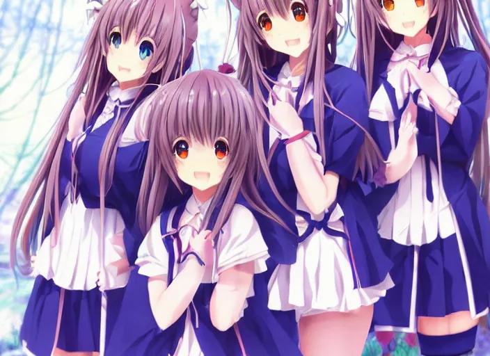 Image similar to ; kadokawa light novel, cover, ; visual novel, cg art work, 2 0 0 0 clannad shuffle toheart event'anime illustration japanese very beautiful cute girls doing cute things trending on artstation pixiv smiling super detailed eyes eyebrowless symmetry face