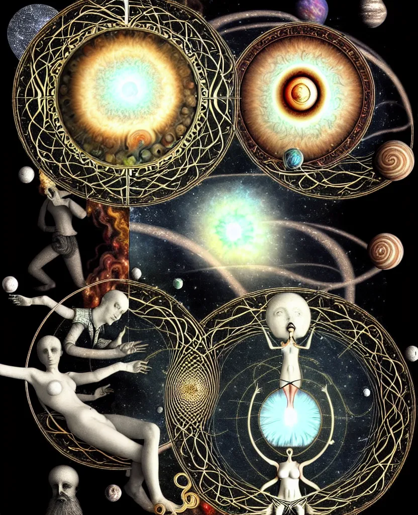 Prompt: whimsical uncanny creature alchemizes unique canto about'as above so below'being ignited by the spirit of haeckel and robert fludd, breakthrough is iminent, glory be to the magic within, to honor jupiter, surreal collage by ronny khalil