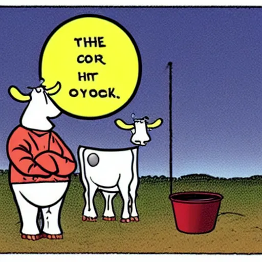 Image similar to a cow points at a bucket, far side, illustrated by gary larson