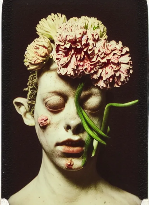 Image similar to beautiful and detailed rotten woman made of plants and carnation, chrysanthemum, tulips, muscles, intricate, organs, ornate, surreal, john constable, guy denning, gustave courbet, caravaggio, romero ressendi 1 9 1 0 polaroid photo