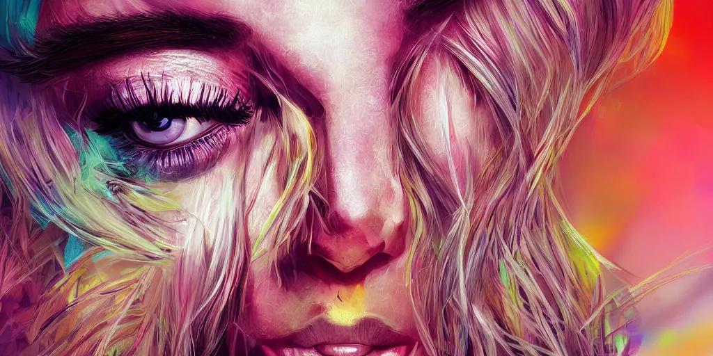 Image similar to extremely beautiful blonde young man with hyperealistic glossy eyes, digital art, colourful background seductive.