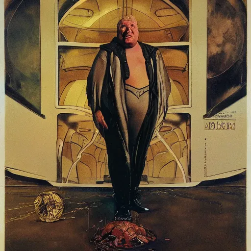 Prompt: full body portrait of actor Kenneth McMillan as baron harkonnen levitating high in the air in dystopian scifi palace, painted by norman rockwell and tom lovell and frank schoonover, dune 1982 movie