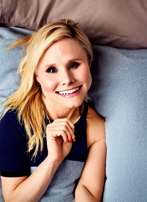 Image similar to through my eyes, first person view, my pov, kristen bell on my bed looking at me, on my bed