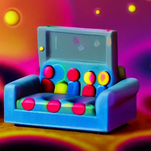 Image similar to fisher price couch, perfect focus, psychedelic trippy couch in space, planets, milky way, sofa scene from tv show hyper detailed 5 5 mm 8 5 mm, toy photography, made out of plastic