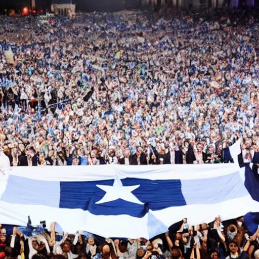 Image similar to Lady Gaga as president, Argentina presidential rally, Argentine flags behind, bokeh, giving a speech, detailed face, Argentina