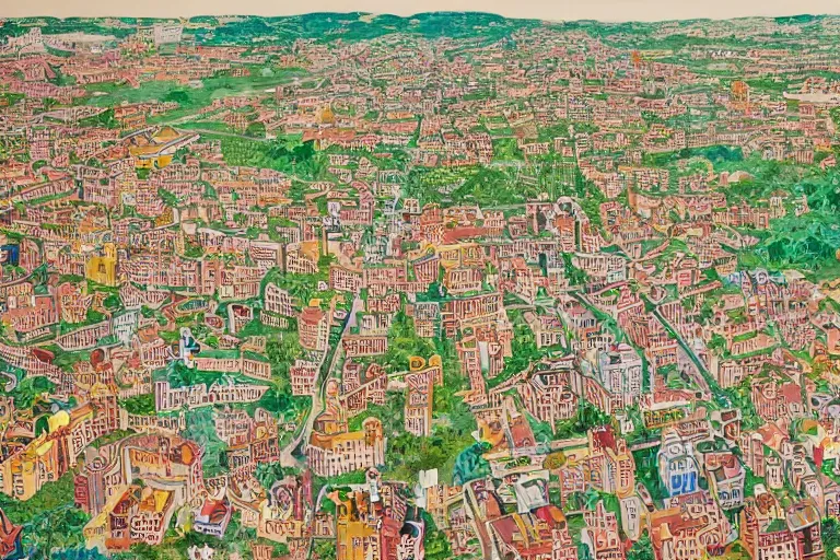 Image similar to an elaborate and dense painting of a future neighborhood, made of alcohol ink on parchment, by wes anderson and geoff darrow