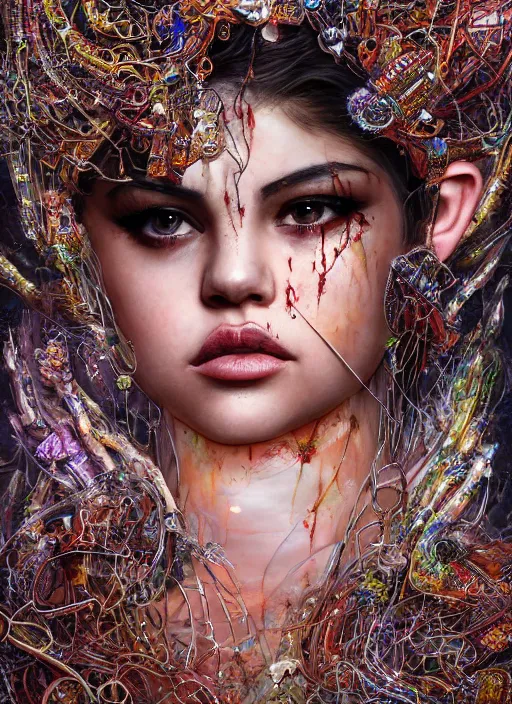 Prompt: expressive photo of selena gomez mixed with sophia lauren, bumpy mottled skin full of blood and scars, ornate headpiece made from crystals, cables and wires, hypermaximalist, elegant, body horror, by karol bak nd yoshitaka amano and greg rutkowski and jeremyg lipkinng and artgerm, photorealistic