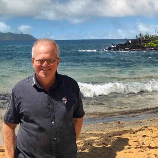 Prompt: Scott Morrison on vacation in Hawaii, apocalyptic background