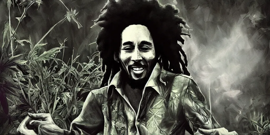 Image similar to bob marley walking though an infinite weed farm digital art, artstation, ultra detailed, beautiful aesthetic art