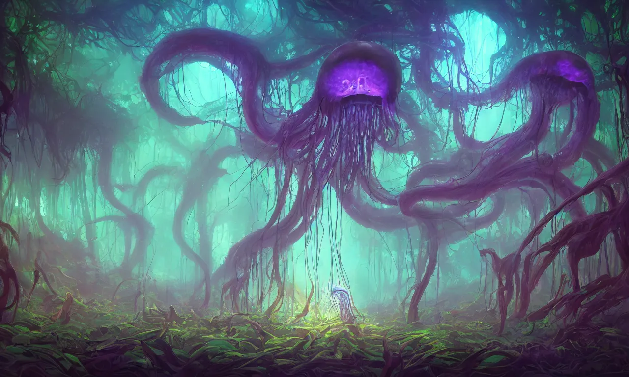 Prompt: brilliant alien jellyfish forest color scientific illustration, trending on artstation, 30mm, by Noah Bradley