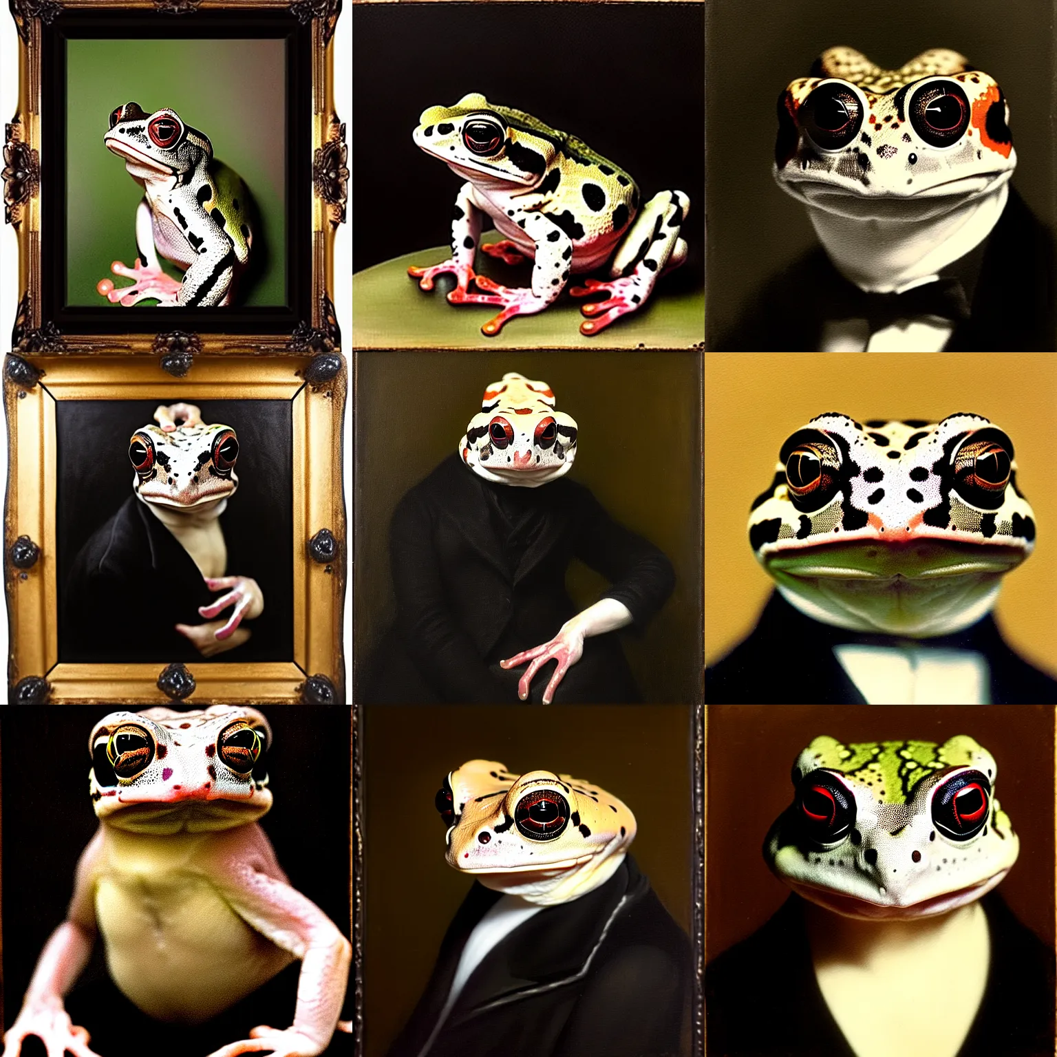 Prompt: a head - and - shoulders portrait of an amazon milk frog looking off camera wearing a black frock coat, an american romanticism painting, a portrait painting, cgsociety, soft focus, oil on canvas