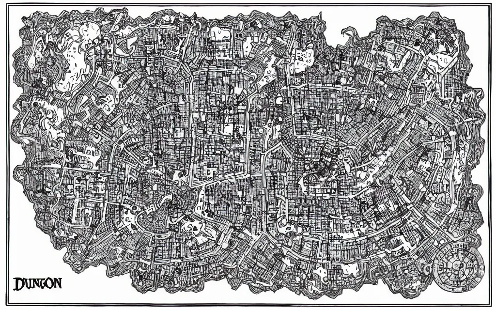 Prompt: black and white dungeon map, pen and ink, dungeons and dragons