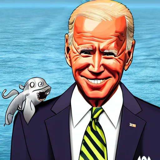 Prompt: joe biden sharkman, lovecraftian, caricature, gta 5 portrait, funny