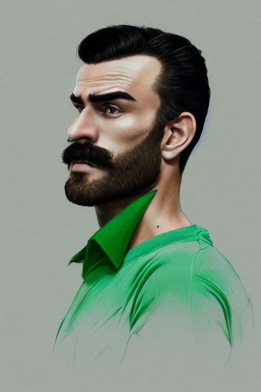 Image similar to gigachad luigi wearing a green shirt by ilya kuvshinov, bodybuilder ernest khalimov, super mario bros symmetrical face concept art, hyper realistic, intricate, elegent, highly detailed, digital painting, concept art, smooth, sharp, focus, illustration, art by artgerm and greg rutkowski and alphonse mucha, artstation