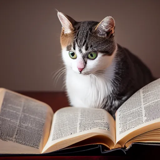 Image similar to adorable cat reading the bible, award winning dslr photography, studio lighting