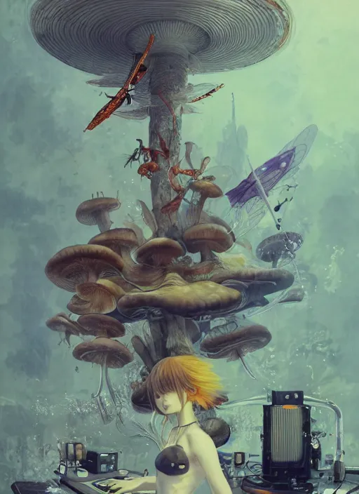 Image similar to surreal gouache painting, by yoshitaka amano, by ruan jia, by Conrad roset, by good smile company, detailed anime 3d render of a wild mushroom Surrounded by a magical dragonfly and a big DJ Mixer, deck, portrait, cgsociety, artstation, rococo mechanical and Digital and electronic, dieselpunk atmosphere