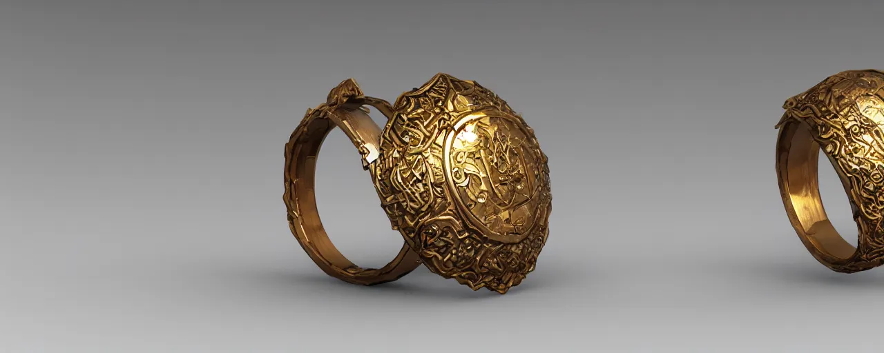 Image similar to simple ring with a shield ornament, ring, wood, gold, smooth shank, crystals, engravings, product design, jewelry, art by gerald brom, greg rutkowski and artgerm and james jean and zdzisław beksinski, 8 k, unreal engine, c 4 d