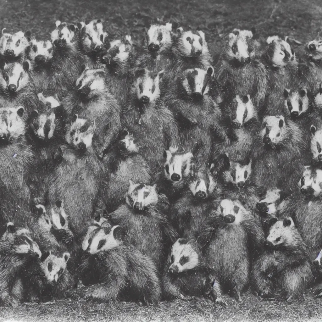 Image similar to a group of badgers with badger faces, in 1 9 4 0 s suits, standing upright like people, anthropomorphic, style of beatrix potter, digging at sutton hoo, their faces are badger's faces, rendered as a highly detailed black & white photograph