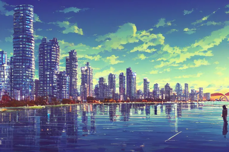 Prompt: vancouver, bc, view of the city by makoto shinkai, 4k anime widescreen wallpaper, false creek sky reflections, makoto shinkai movie, beautiful cityscape by makoto shinkai digital art, illustration, trending on artstation, daily deviation