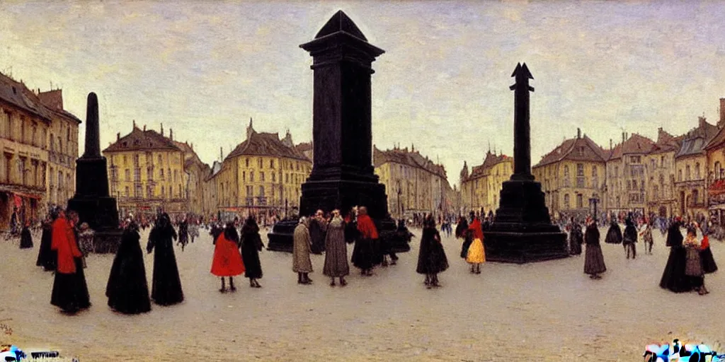 Image similar to people dancing around a black obelisk, old square in a beautiful town, high details, by leon augustin lhermitte