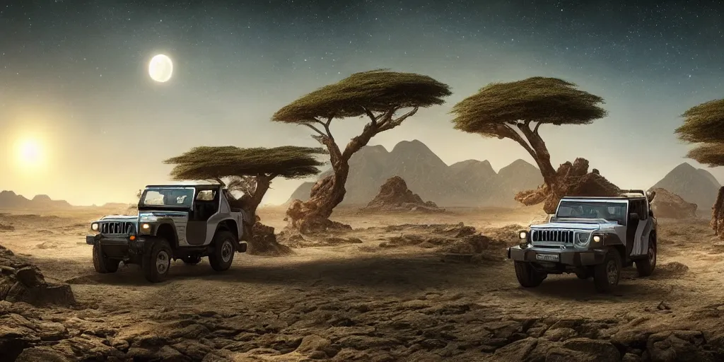 Prompt: mahindra thar riding through moonlit socotra island with dragon trees, starry night, chasing action scene, epic fantasy, sharp focus, trending on ArtStation, masterpiece, by Greg Rutkowski, by Ross Tran, by Fenghua Zhong, corona render, soft render, ultrarealistic, colorful, cinematic, matte painting, shadow of the tomb rider