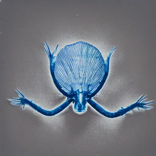 Image similar to a cyanotype of a strange creature crawling on the ceiling of a living room