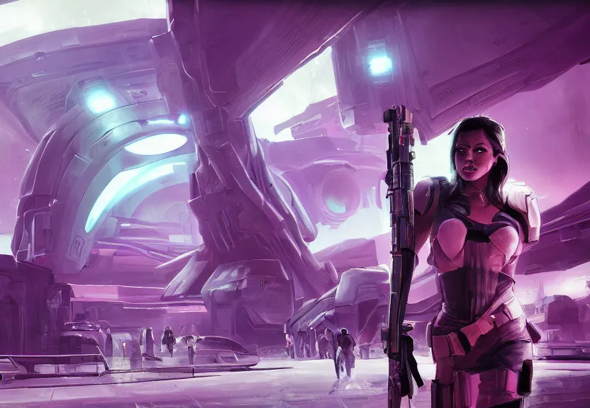 Prompt: painting of the figure of a woman in a futuristic space town, mandalorian, traveler, bounty hunter, hightech, planet and stars, neon, photorealism, jet fighter, high contrast, concept art, fully colored, purple filter, neon, dramatic lighting, digital art, 8 k, arkham city, call of cthulhu, extremely detailed, drawn by ruan jia