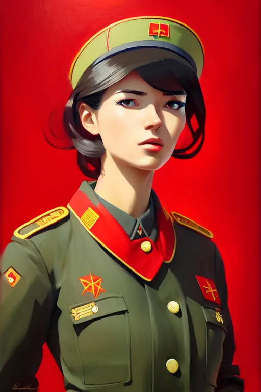 Image similar to a ultradetailed beautiful panting of a stylish woman wearing a soviet uniform, oil painting, by ilya kuvshinov, greg rutkowski and makoto shinkai, trending on artstation