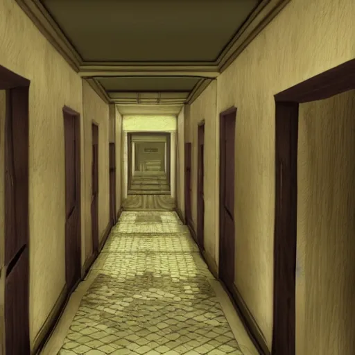 Image similar to hotel hallway in the style of the game myst, low poly 1 9 9 0 s pc graphics