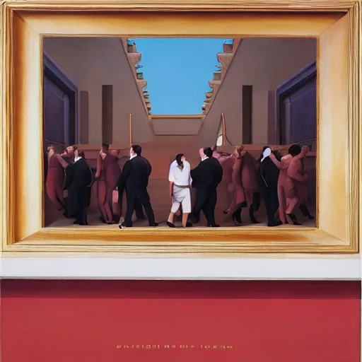 Image similar to oil painting by george tooker of a satirical presidential run