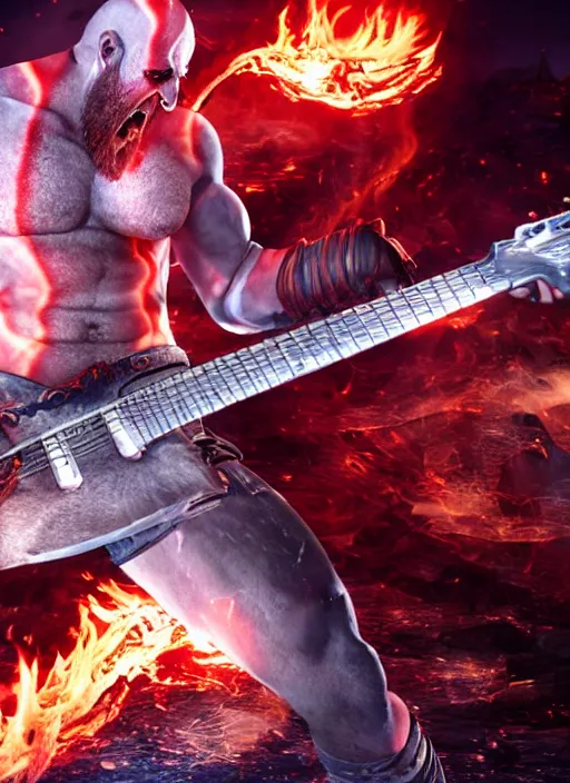 Image similar to screaming kratos rocking out on a flaming stratocaster guitar, cinematic render, god of war 2 0 1 8, playstation studios official media, lightning, flames, red left eye stripe, left eye stripe, left eye stripe, left eye stripe, clear, coherent