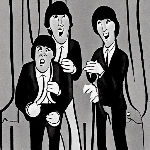 Image similar to cartoon by bob clampett about the beatles, vintage black and white film, 1 9 6 0 s