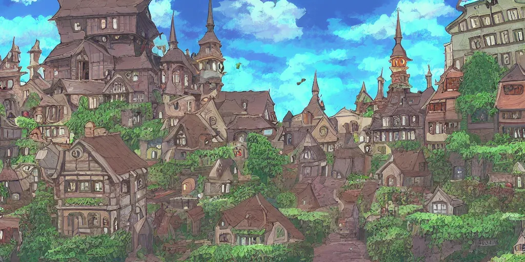 Prompt: a highly detail digital painting of a gothic town, in the style of studio ghibli