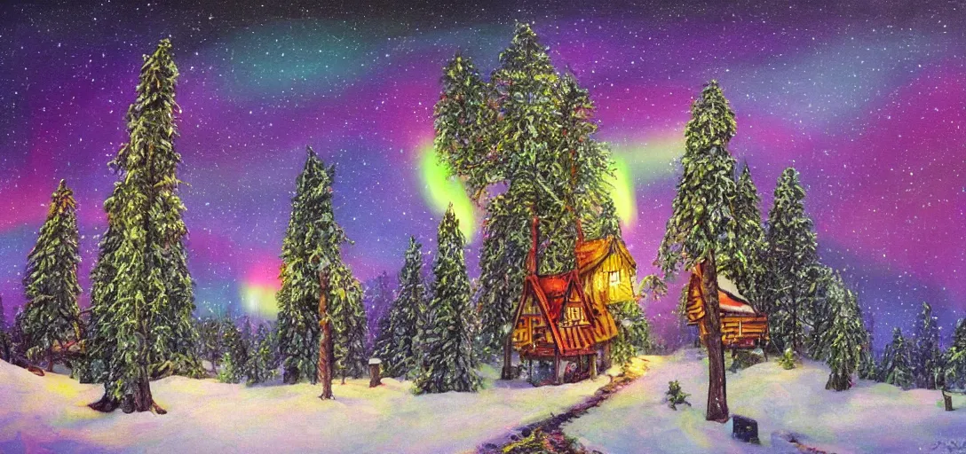 Prompt: big cozy tree huts, snowy, intricate, night, rainbow aurora, classic painting, award winning, highly detailed