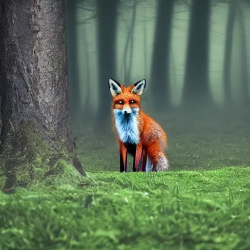 Prompt: an enchanting forest, foxes stand on their hind legs, look at the sky and wave goodbye with their forelegs. there is a purple unidentified flying object in the sky. fantasy. realistic photo. very clear shots.