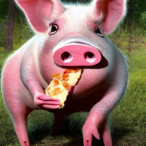 Prompt: Porkie the Pig eating bacon.