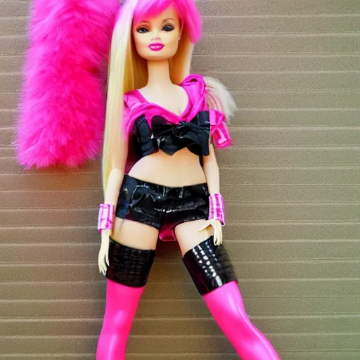 Image similar to barbie doll, leather bunny costume bodysuit, playboy, rabbit ears, plaid tights, full length, raspberry banana color, lace