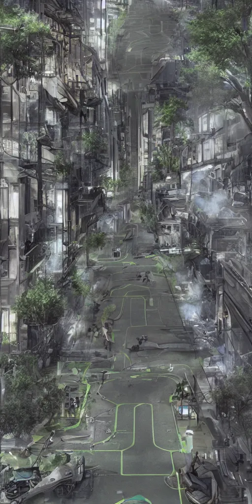 Prompt: futuristic dieselpunk street, bioremediation