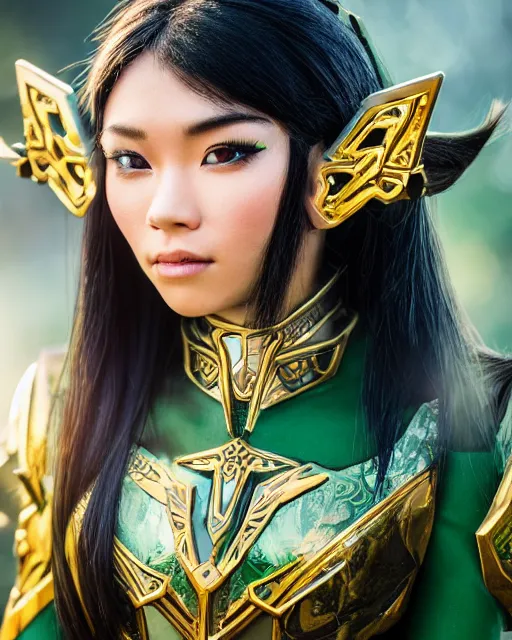 Image similar to a beautiful close up photo of a female Asian elf ranger with long hair and green eyes, no helmet, wearing green and gold futuristic mecha armor, with ornate rune carvings and glowing lining, very detailed, shot in canon 50mm f/1.2