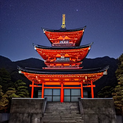 Prompt: photo of beautiful femal nina on top of a Japanese temple, night, cinematic, high detail, 8k,