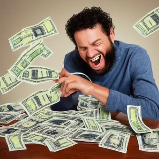 Prompt: man laughing while sitting next to a piles of money on a table, photo