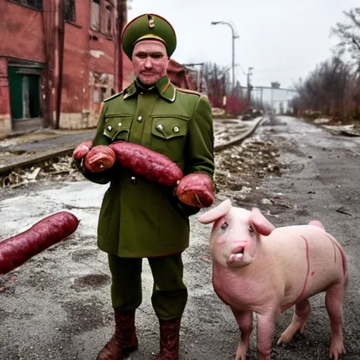 Prompt: soviet trooper with the head of hybrid of dog and pig, holding sausages, toilet paper and a notebook, on the ruined street of ukrainian village.