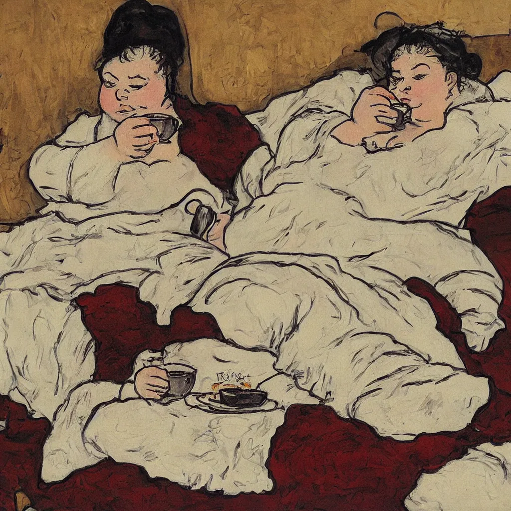 Image similar to a beautiful painting of a beautiful fat woman drinking coffee in a bed with white sheets drinking coffee in the style of telous lautrec