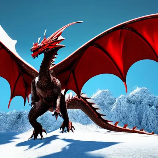 Image similar to High quality, beautiful and majestic western dragon in the mountains surrounded by snow and trees with wings spread out to the side while roaring, ultra high quality, 3d rendering, award-winning